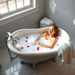 A serene bathroom scene with a young adult woman relaxing in a stylish clawfoot bathtub filled with bubbles