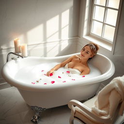 A serene bathroom scene with a young adult woman relaxing in a stylish clawfoot bathtub filled with bubbles