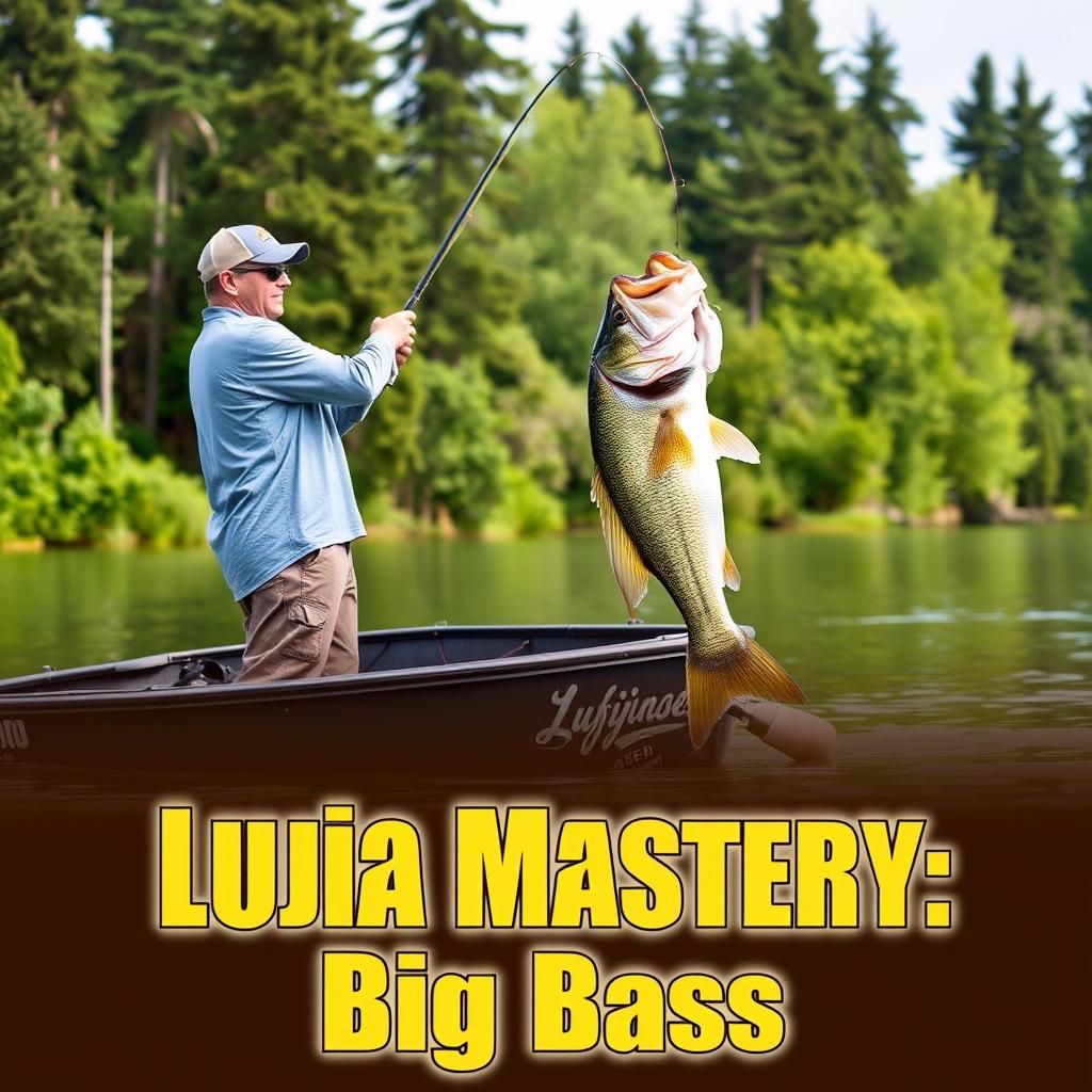 Art thumbnail featuring a man wearing a gray fishing jersey standing on a boat, casting his fishing rod into the water while a large bass fish leaps dramatically out of the water, naturally positioned at the level of the fishing line