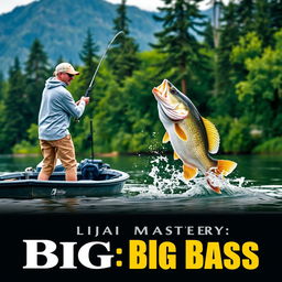 Art thumbnail featuring a man wearing a gray fishing jersey standing on a boat, casting his fishing rod into the water while a large bass fish leaps dramatically out of the water, naturally positioned at the level of the fishing line