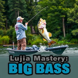 Art thumbnail featuring a man wearing a gray fishing jersey standing on a boat, casting his fishing rod into the water while a large bass fish leaps dramatically out of the water, naturally positioned at the level of the fishing line