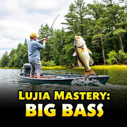 Art thumbnail featuring a man wearing a gray fishing jersey standing on a boat, casting his fishing rod into the water while a large bass fish leaps dramatically out of the water, naturally positioned at the level of the fishing line