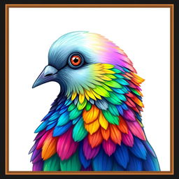 A beautifully illustrated profile of a pigeon's head with rainbow plumage, slightly turned to the side, capturing the vivid and ethereal beauty of the bird