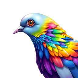 A beautifully illustrated profile of a pigeon's head with rainbow plumage, slightly turned to the side, capturing the vivid and ethereal beauty of the bird