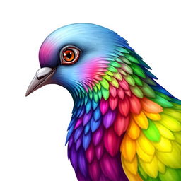 A beautifully illustrated profile of a pigeon's head with rainbow plumage, slightly turned to the side, capturing the vivid and ethereal beauty of the bird