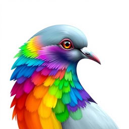 A beautifully illustrated profile of a pigeon's head with rainbow plumage, slightly turned to the side, capturing the vivid and ethereal beauty of the bird