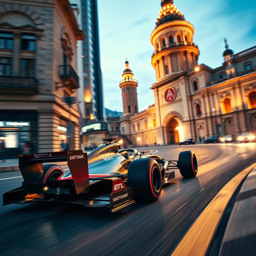 A stunning Formula 1 car racing through the streets of Baku, Azerbaijan, with the iconic Maiden Tower in the background