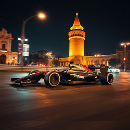 A stunning Formula 1 car racing through the streets of Baku, Azerbaijan, with the iconic Maiden Tower in the background