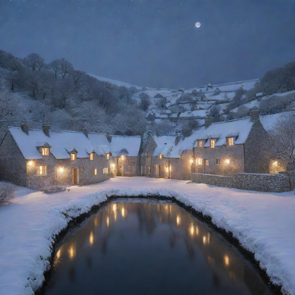 A serene village bathed in soft silver moonlight. The houses are quaint and tranquil, with hints of warm light peeking through the windows. The starlit sky overhead brings a sense of calm to the nocturnal setting.