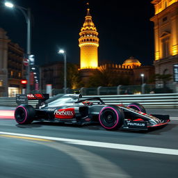 A stunning Formula 1 car racing through the streets of Baku, Azerbaijan, with the iconic Maiden Tower in the background