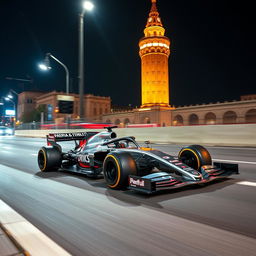 A stunning Formula 1 car racing through the streets of Baku, Azerbaijan, with the iconic Maiden Tower in the background