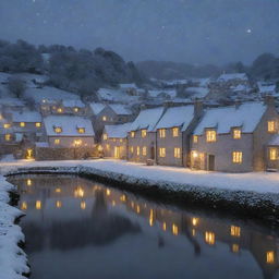 A serene village bathed in soft silver moonlight. The houses are quaint and tranquil, with hints of warm light peeking through the windows. The starlit sky overhead brings a sense of calm to the nocturnal setting.