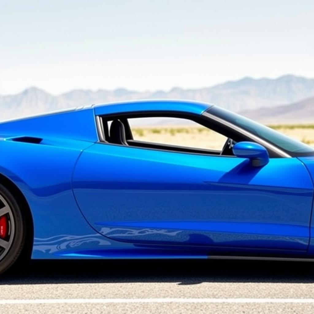 Bright blue sports car with a bold side stripe, parked on a clear day, showcasing sleek design and glossy finish