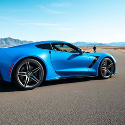 Bright blue sports car with a bold side stripe, parked on a clear day, showcasing sleek design and glossy finish