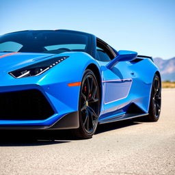 Bright blue sports car with a bold side stripe, parked on a clear day, showcasing sleek design and glossy finish