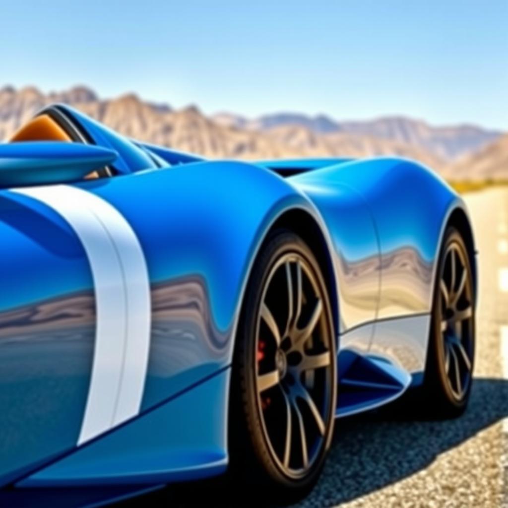 Bright blue sports car with a striking side stripe running from left to right, parked on a clear day