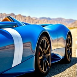 Bright blue sports car with a striking side stripe running from left to right, parked on a clear day