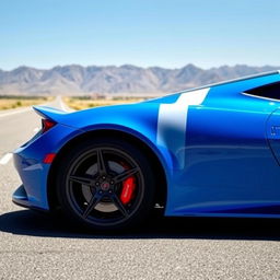 Bright blue sports car with a striking side stripe running from left to right, parked on a clear day