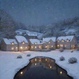 A serene village bathed in soft silver moonlight. The houses are quaint and tranquil, with hints of warm light peeking through the windows. The starlit sky overhead brings a sense of calm to the nocturnal setting.