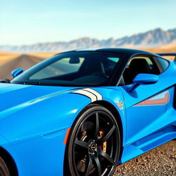 Bright blue sports car with a striking side stripe running from left to right, parked on a clear day