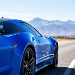 Bright blue sports car with a striking side stripe running from left to right, parked on a clear day