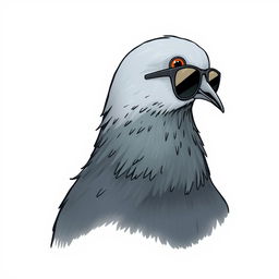 A creatively illustrated profile of a pigeon wearing sunglasses, featuring sleek grayish plumage, slightly turned to the side