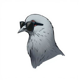 A creatively illustrated profile of a pigeon wearing sunglasses, featuring sleek grayish plumage, slightly turned to the side