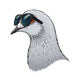 A creatively illustrated profile of a pigeon wearing sunglasses, featuring sleek grayish plumage, slightly turned to the side