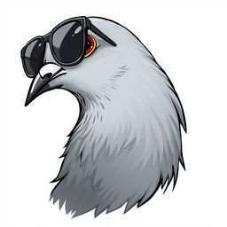 A creatively illustrated profile of a pigeon wearing sunglasses, featuring sleek grayish plumage, slightly turned to the side