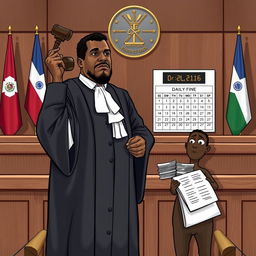 Illustration of a judge in a courtroom, dressed in a traditional judge's robe, holding a gavel