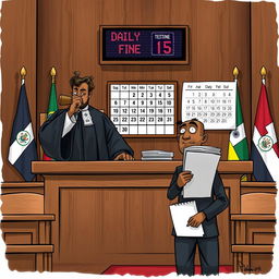 Illustration of a judge in a courtroom, dressed in a traditional judge's robe, holding a gavel