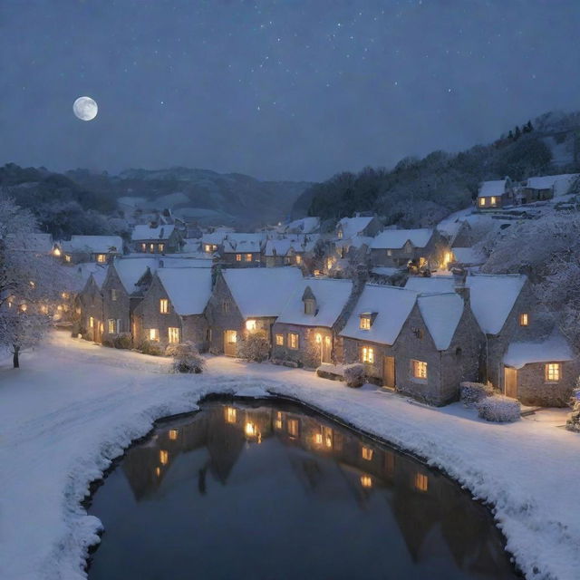 A serene village bathed in soft silver moonlight. The houses are quaint and tranquil, with hints of warm light peeking through the windows. The starlit sky overhead brings a sense of calm to the nocturnal setting.