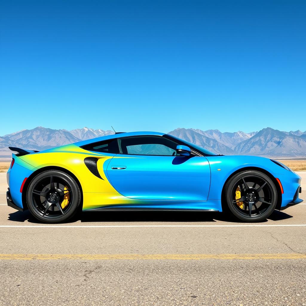 Bright blue sports car with a striking yellow side stripe, completely shown from left to right