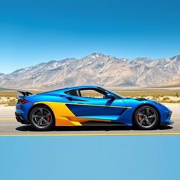 Bright blue sports car with a striking yellow side stripe, completely shown from left to right