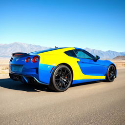 Bright blue sports car with a striking yellow side stripe, completely shown from left to right