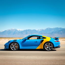 Bright blue sports car with a striking yellow side stripe, completely shown from left to right