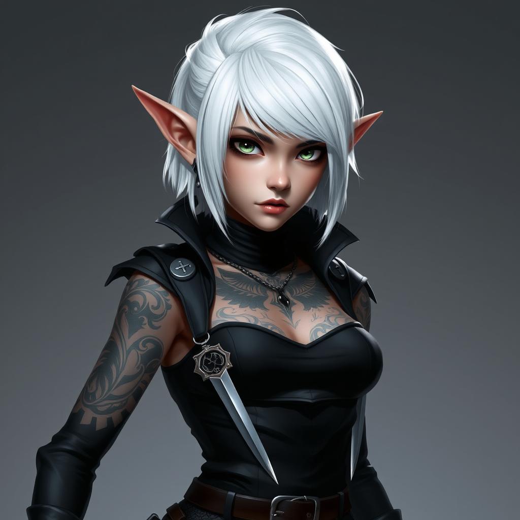 A digital portrait of a female gnome with shoulder-length white hair featuring a sidecut