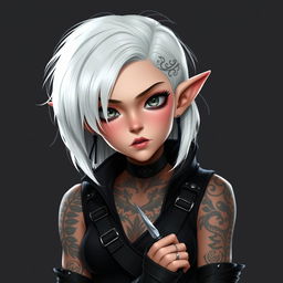 A digital portrait of a female gnome with shoulder-length white hair featuring a sidecut