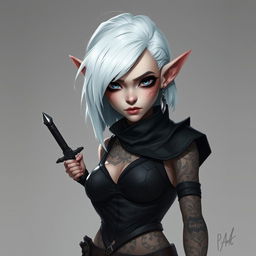 A digital portrait of a female gnome with shoulder-length white hair featuring a sidecut