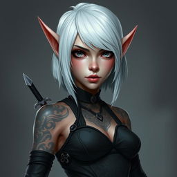 A digital portrait of a female gnome with shoulder-length white hair featuring a sidecut