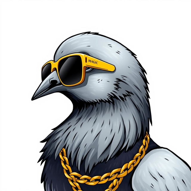 A creatively illustrated image of a pigeon's head in profile, wearing a flashy gold chain and stylish sunglasses, embodying the swagger of a rapper