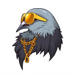 A creatively illustrated image of a pigeon's head in profile, wearing a flashy gold chain and stylish sunglasses, embodying the swagger of a rapper