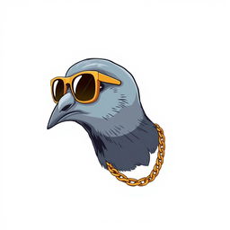 A creatively illustrated image of a pigeon's head in profile, wearing a flashy gold chain and stylish sunglasses, embodying the swagger of a rapper