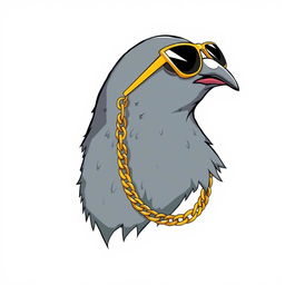 A creatively illustrated image of a pigeon's head in profile, wearing a flashy gold chain and stylish sunglasses, embodying the swagger of a rapper