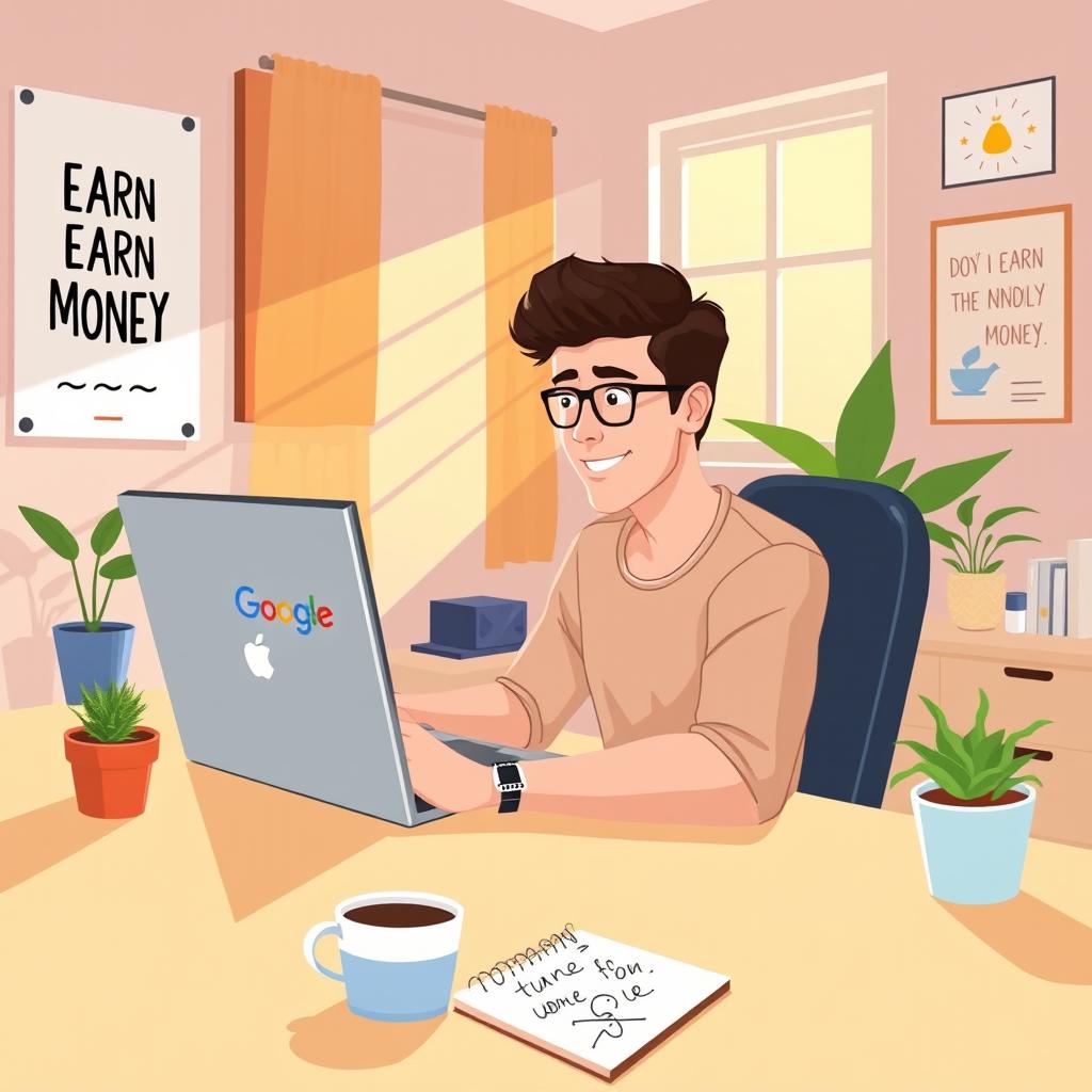 A bright and engaging illustration of a young adult entrepreneur sitting at a desk, intently working on a laptop