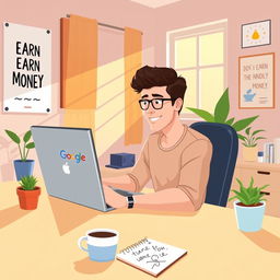 A bright and engaging illustration of a young adult entrepreneur sitting at a desk, intently working on a laptop