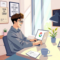 A bright and engaging illustration of a young adult entrepreneur sitting at a desk, intently working on a laptop