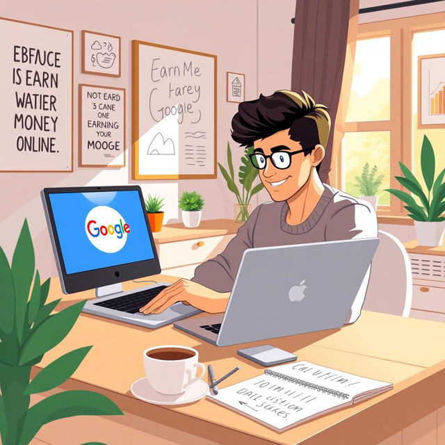 A bright and engaging illustration of a young adult entrepreneur sitting at a desk, intently working on a laptop