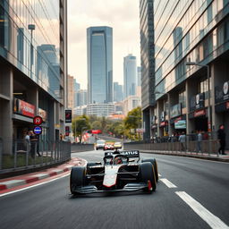 A sleek Formula 1 car racing through the modern streets of Baku, Azerbaijan