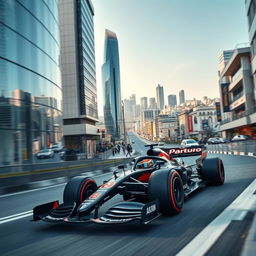 A sleek Formula 1 car racing through the modern streets of Baku, Azerbaijan